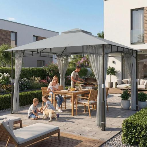 Carpa para Jardín con Techo Doble Cenador con Paredes de Malla UPF50+ para Exterior Terraza 360x300x275 cm Gris [6]