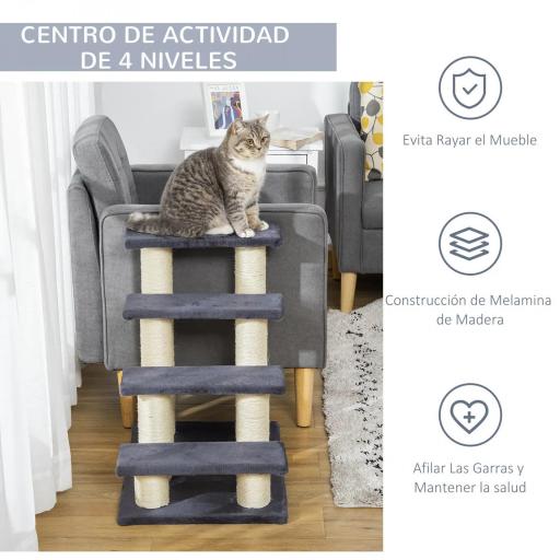 Escalera para Mascotas 60x42x61 cm Escalera para Gatos Perros Mayores Enfermos Pequeños Cubierta Suave de Peluche Rascador de Sisal Estable 4 Pasos Gris [7]
