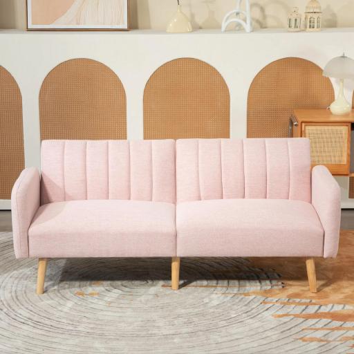 Sofá Cama de 3 Plazas Rosa Pastel Tapizado en Lino Sintético con Respaldo Ajustable y Reposabrazos Desmontables 173x75x73 cm Rosa [4]