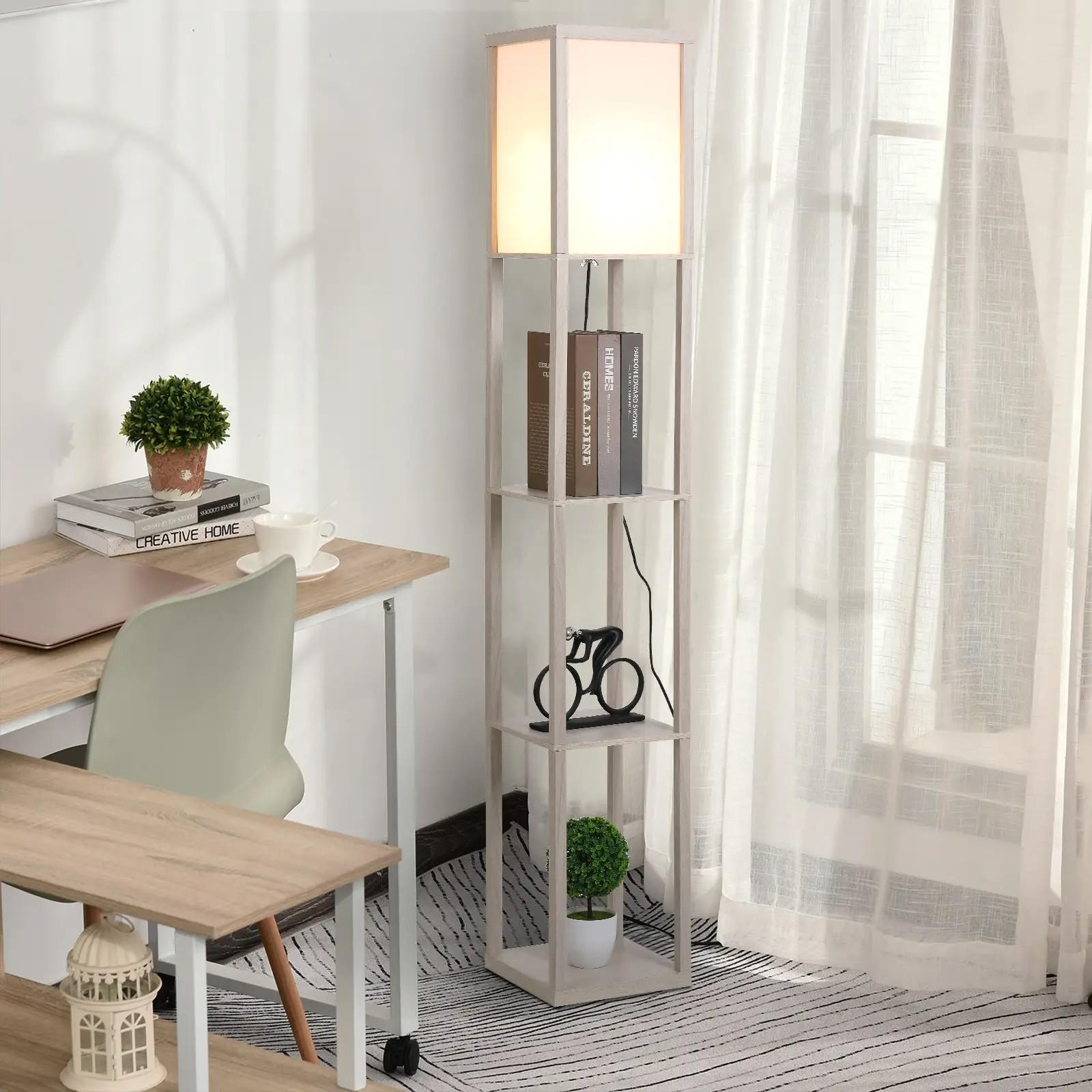 Lámpara de Pie con Estantes de Almacenaje, Lámpara de Madera Moderna, Bombilla E27, para Salón, Dormitorio, Oficina, Roble