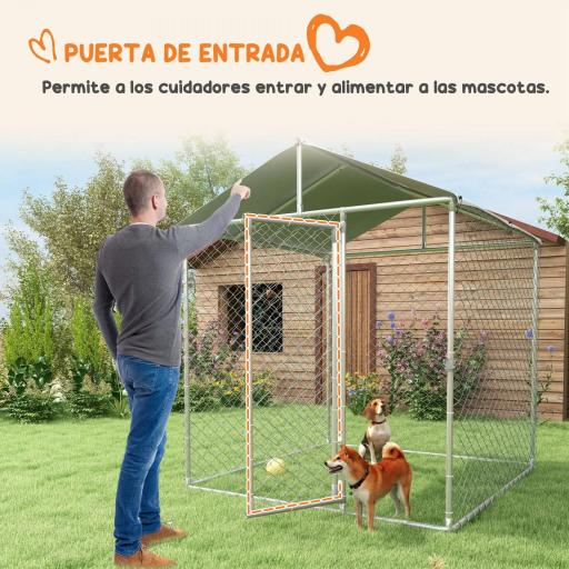 Jaula de Exterior para Perros Medianos con Cerradura Marco de Acero Toldo Impermeable y Anti-UV 200x200x237 cm Plata [6]