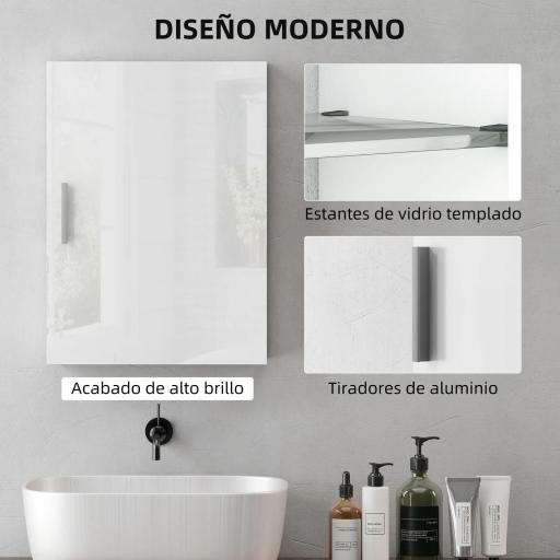 Armario de Baño de Pared con Estantes Ajustables de Vidrio Templado Ahorro de Espacio 40x15x55 cm Blanco Brillo [4]