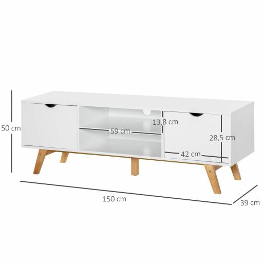 Mesa para Televisores de 65 Pulgadas Módulo TV con 2 Armarios 2 Estantes Abiertos y Patas de Madera 150x39x50 cm Blanco [1]