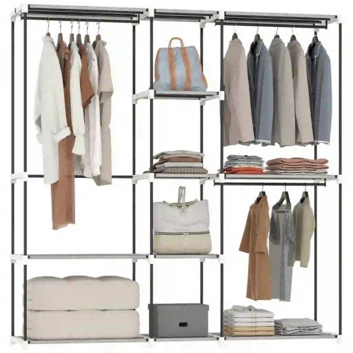 Armario de Ropa 182x43x185 cm Armario Abierto con 8 Estantes de Tela Barras para Colgar Marco de Metal Gris Claro [9]