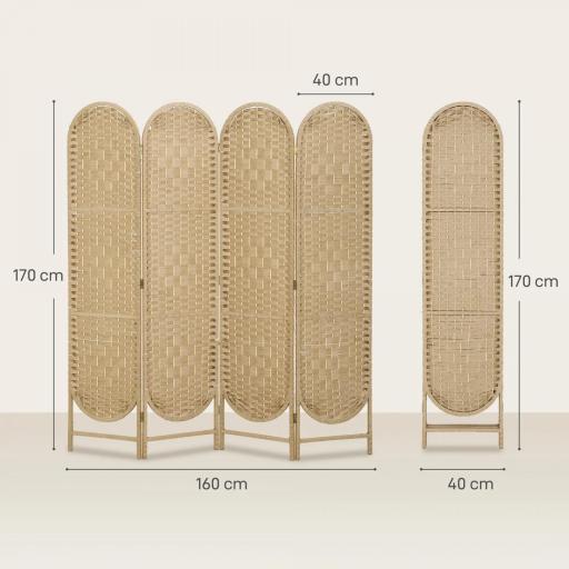 Biombo Separador de Ambientes 4 Paneles 160x170 cm con Parte Superior Arqueada Tejido a Mano Divisor Plegable Natural [1]