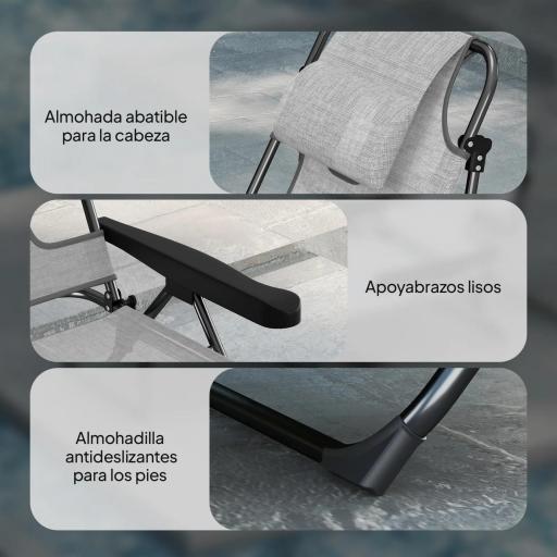 Tumbona Plegable Respaldo Ajustable Orificio de Lectura Reposacabezas y Brazos Carga 120 kg 145x72x89 cm Gris Oscuro [5]