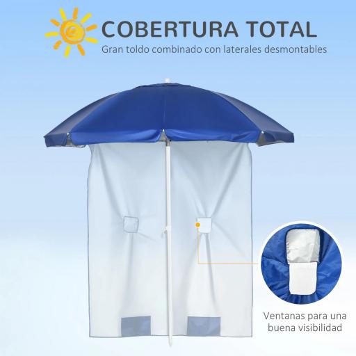 Sombrilla de Playa con Panel Lateral Ø191x211 cm con Manivela Manual Techo Inclinable 2 Bolsillos 2 Ventanas para Jardín [5]