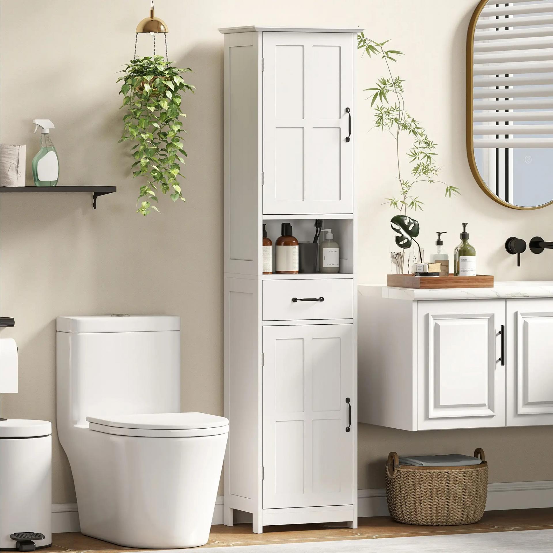 Columna de Baño con 2 Puertas 1 Cajón Estante Abierto y 2 Armarios con Estante Ajustable 40x30x164 cm Blanco