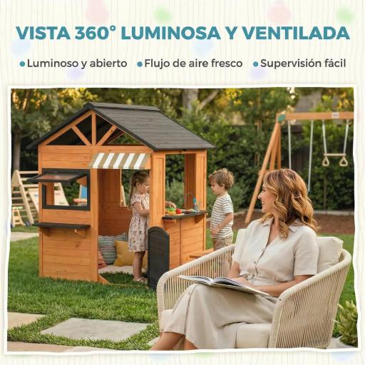 Casita Infantil Exterior e Interior de Madera con Cocina de Juguete y Banco de Picnic Ventanas de Servicio Marrón [6]