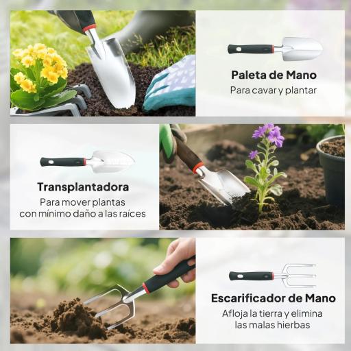 Juego de Herramientas Jardinería de 9 Piezas de Aluminio con Tijeras de Podar con Bloqueo Seguro Bolsa de Jardín Ligera [3]