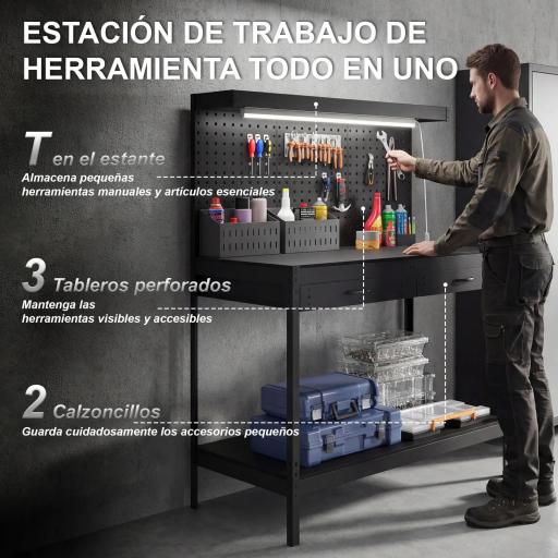 Banco de Trabajo Carga 272 kg 110x60x150 cm con Tableros Perforados Metálicos Toma de Corriente Luces LED Cajones Negro [8]