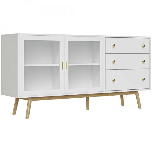 Aparador de Comedor con 2 Puertas de Cristal 3 Cajones y Patas de Madera de Caucho para Cocina Salón 160x40x80 cm Blanco [9]