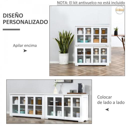 Aparador de Cocina Moderno Mueble Auxiliar con 2 Puertas Corredizas de Vidrio y Estante Ajustable 107x33x62,5 cm Blanco [7]