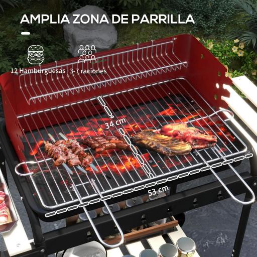 Barbacoa de Carbón con Ruedas Parrilla Ajustable en Altura Estantes y 6 Ganchos 103x47x95 cm Rojo y Negro [2]