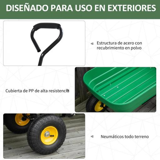 Carro de Jardín Basculante Capacidad 125 L Carga 200 kg con Marco de Acero y 4 Ruedas Neumáticas Verde [2]