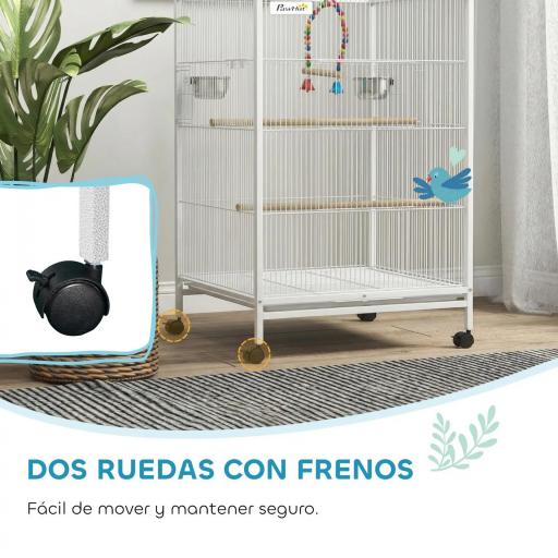 Jaula para Pájaros con Ruedas con Comederos Perchas Columpio y Bandeja Extraíble 48x46x78 cm Blanco [5]