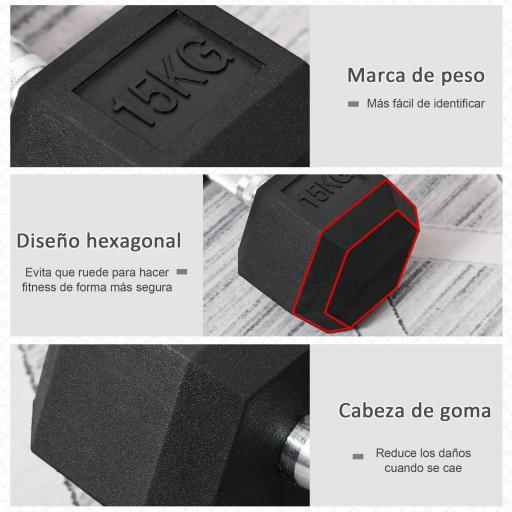 Mancuerna Hexagonal 15 KG con Barra de Conexión Metálica para Entrenamiento en Casa Gimnasio Oficina Negro y Plata [2]
