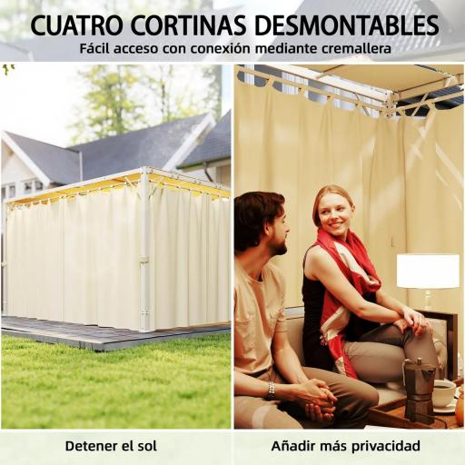 Pérgola de Jardín 3x4 m con Protección UPF 50+ Gazebo con Cortinas Estructura de Acero para Sombra Exterior Beige [6]