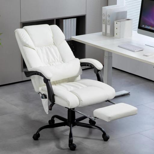 Silla de Oficina con Masaje de 6 Puntos Respaldo Alto Reclinable Altura Ajustable Reposapiés y Mando a Distancia Blanco