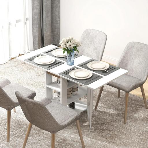 Mesa de Cocina Plegable con Alas Abatibles 2 Ruedas y Estantes Estilo Moderno 120x60x75 cm Blanco