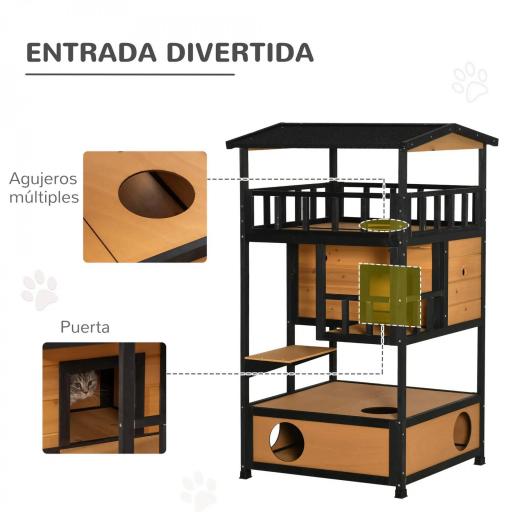 Caseta para Gatos de Madera 75,5x75x137 cm con Techo Asfáltico Plataformas para Interior y Exterior Natural [3]