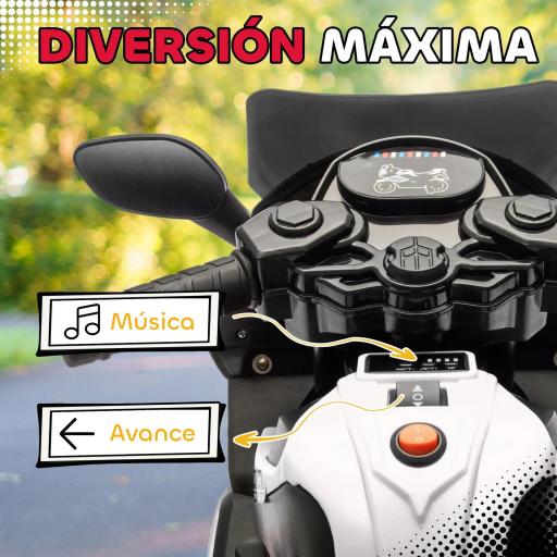 Moto Eléctrica para Niños 6V con Ruedas de Apoyo Música Faro para Niños de 18-36 Mesas Blanco [2]