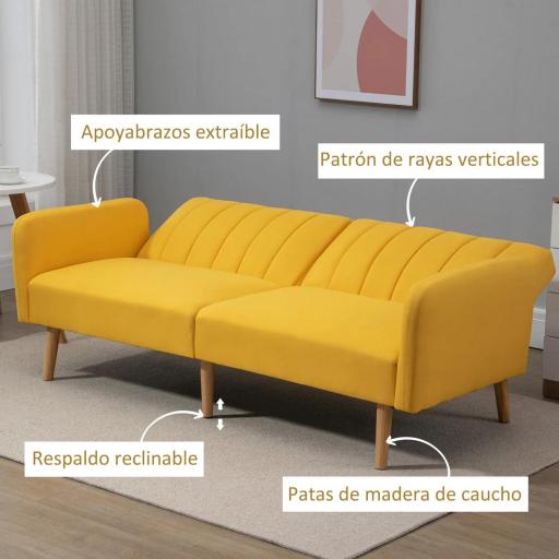 Sofá Cama de 3 Plazas Moderno 173x75x73 cm Sofá Cama Plegable Tapizado en Lino Sintético con Respaldo Ajustable en 3 Niveles y Reposabrazos Desmontables para Salón Oficina Amarillo [4]