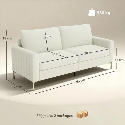 Sofá de 3 Plazas de 181 cm Tapizado en Terciopelo con Cojines Gruesos Patas de Metal Blanco Crema [1]