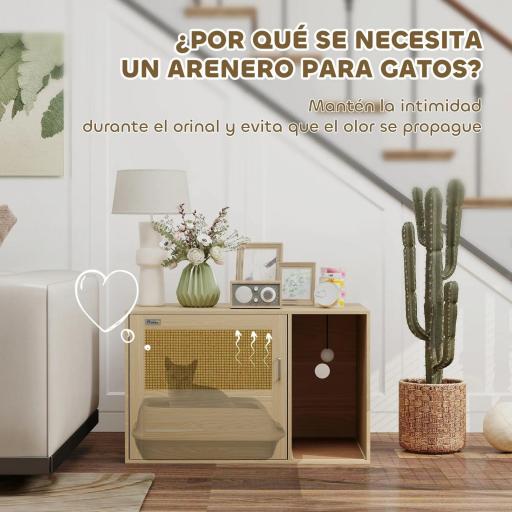 Mueble Arenero para Gatos Caja de Arena para Gatos con Almohadilla para Rascar y Puerta de Ratán 80x50x50 cm Roble [4]