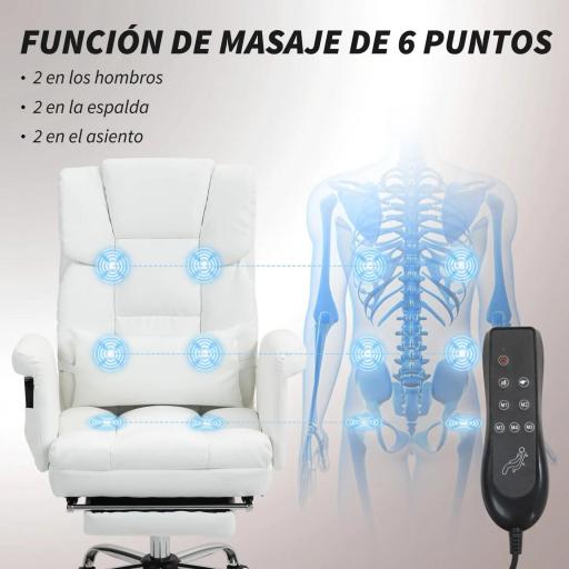 Silla de Oficina con 6 Puntos de Masaje Reposapiés Retráctil Altura Ajustable Control Remoto y Soporte Lumbar Blanco [3]