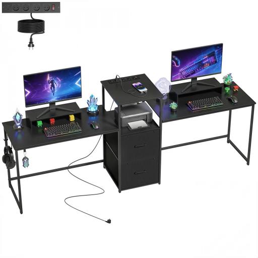 Mesa Gaming Doble de 244 cm con Estación de Carga Puertos USB Soportes para Monitor Cajones de Tela Negro [8]
