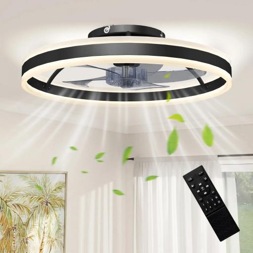 Ventilador de Techo con Luz LED 6 Velocidades Motor Reversible y Control Remoto Potencia 45W Ø50x13,5 cm Negro [2]