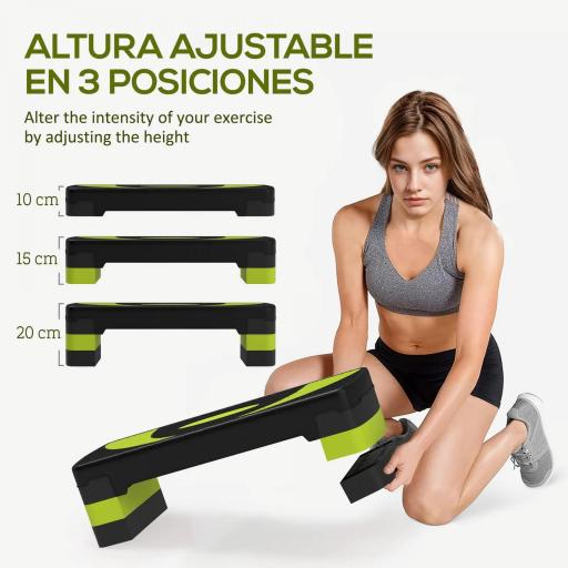 Step de Aeróbic para Fitness Antideslizante con Altura Regulable 3 Niveles 10/15/20 cm Carga 150 kg 80x31x20 cm Verde [2]