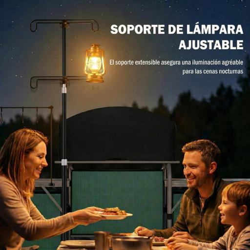Mueble de Cocina para Camping Plegable con 3 Mesas 4 Ganchos Poste de Luz y Bolsa de Transporte 172x48x130 cm Verde [2]