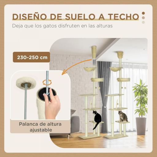 Árbol para Gatos de Suelo a Techo de 230-250 cm con Altura Ajustable Múltiples Plataformas Cestos Hamaca Bolas Beige [4]