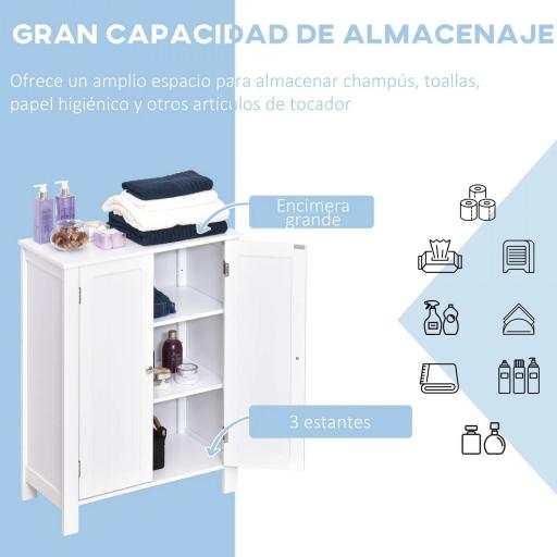 Armario de Baño con 2 Puertas y 2 Estantes Ajustables Interiores Mueble Auxiliar de Almacenaje 60x30x80 cm Blanco [5]