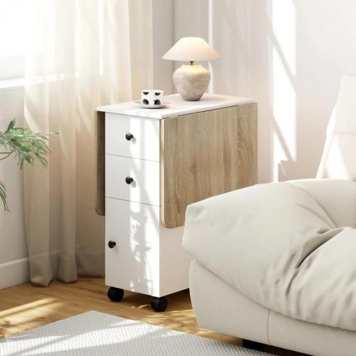 Mesa Plegable de Comedor con Ruedas Alas Abatibles 2 Cajones y Armario Hasta 6 Personas 120x60x76,5 cm Blanco y Natural [7]
