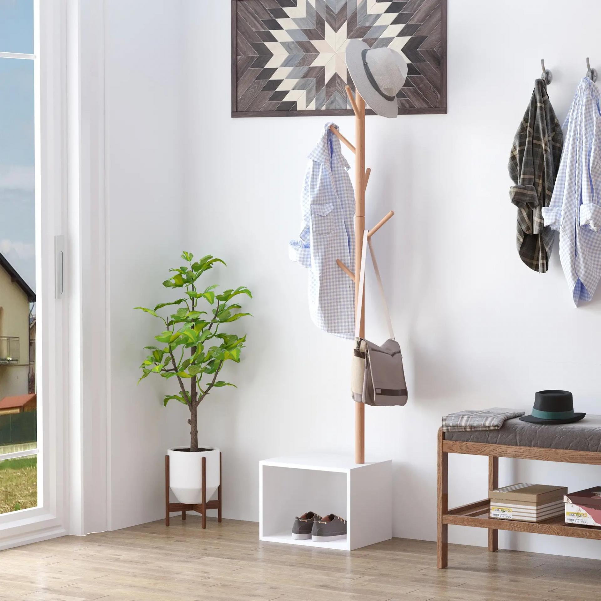 Perchero de Pie con Zapatero Colgador Tipo Árbol Moderno 6 Ganchos para Colgar Ropa Bolsa Banco con Almacenamiento Pasillo Entrada Bambú y MDF 40x30x180cm