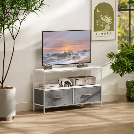 Mueble de TV con Estante y 2 Cajones de Tela Plegables para Televisores hasta 47 Pulgadas Largo de 98 cm Blanco y Gris