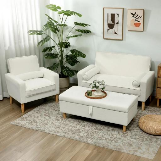 Sofá de 2 Plazas Tapizado en Terciopelo 130 cm con Asiento Capitoné y Patas de Madera para Espacios Pequeños Crema [3]