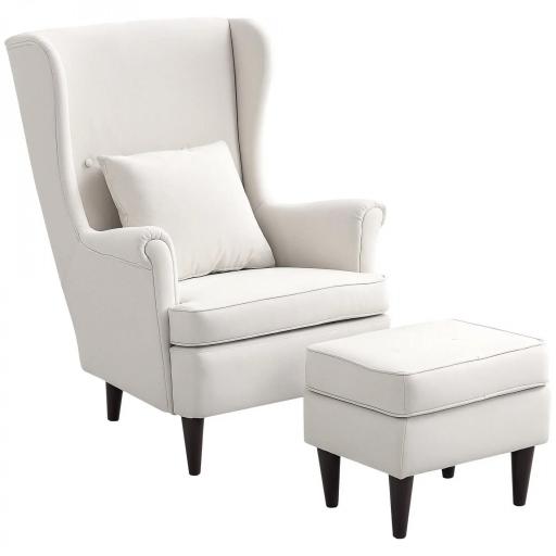 Sillón con Reposapiés Respaldo Alto Capitoné Patas de Madera Almohada Acolchada y Tapizado en Lino Beige [9]