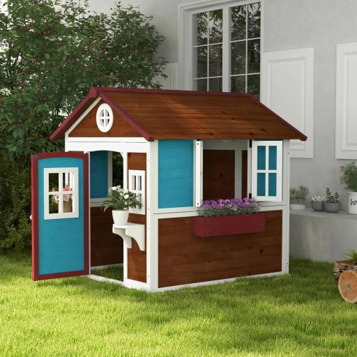 Casita de Madera Infantil con Puerta Ventanas Jardineras y Repisas con Detalles de Color 114x126,4x135 cm Marrón Oscuro