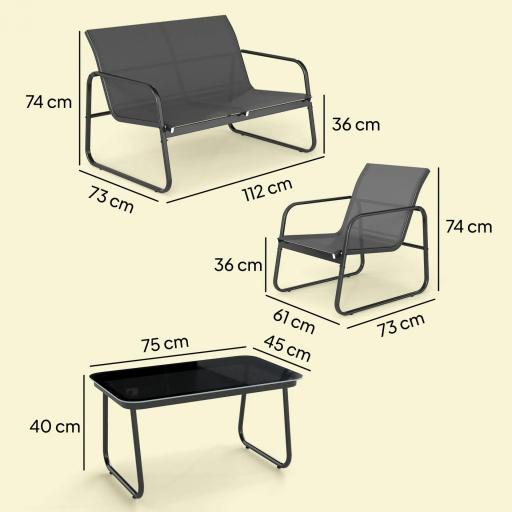 Conjunto Jardín Exterior de 4 Piezas con Sofá de 2 Plazas 2 Sillones Mesa de Vidrio Templado Tela Textilene Gris Oscuro [1]
