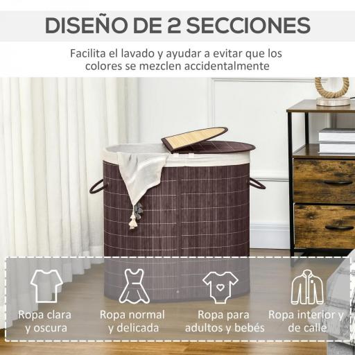 Cesto para Ropa Sucia de Bambú Capacidad de 100L Cesta para la Colada con 2 Compartimentos 62,5x37x60,5cm Marrón [2]