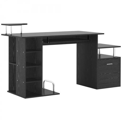 Mesa de Escritorio con 6 Estantes Cajón Bandeja de Teclado y Soportes para Monitor Impresora 152x60x88 cm Negro [8]