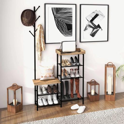 Perchero con Zapatero Industrial con 5 Estantes y 6 Ganchos para Colgar Bolsos Ropa 92.5x28.2x182 cm Marrón Rústico