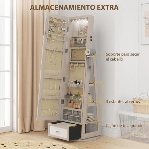 Espejo Joyero con Luces LED Armario Joyero con Espejo Entero Giratorio de 360° Cajón Cerradura Natural [4]