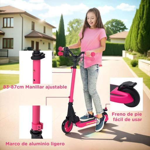 Patinete Eléctrico Plegable de +6 Años Motor 120 W Autonomía 6 KM MAX 10 KM/H Ruedas de 5" - 5,5" Altura Ajustable Rosa [6]