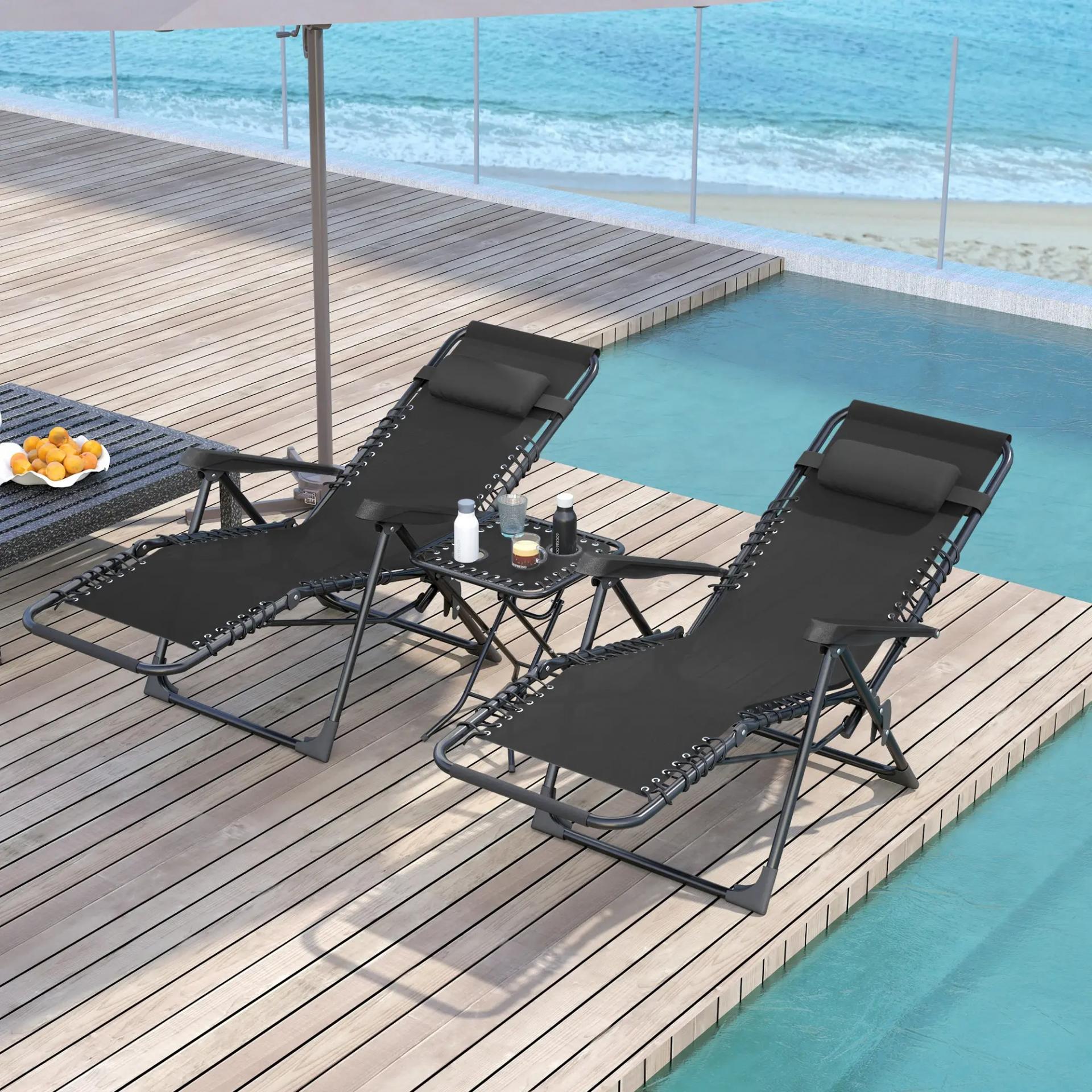 Set de 2 Tumbonas Jardín Exterior Plegables de Gravedad Cero con Mesa Auxiliar con Portavasos Reposacabezas Negro