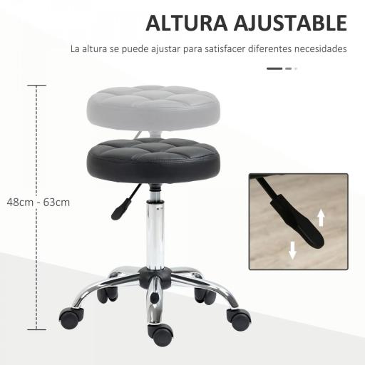 Taburete Giratorio con Ruedas Regulable en Altura de 48-63 cm Taburete de Trabajo Tapizado en Cuero PU para Peluquería Cosmética Dentista Diámetro Ø35,5 cm Negro [4]